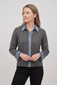 Women's Cardigan | Denim-Look Collar Button Front