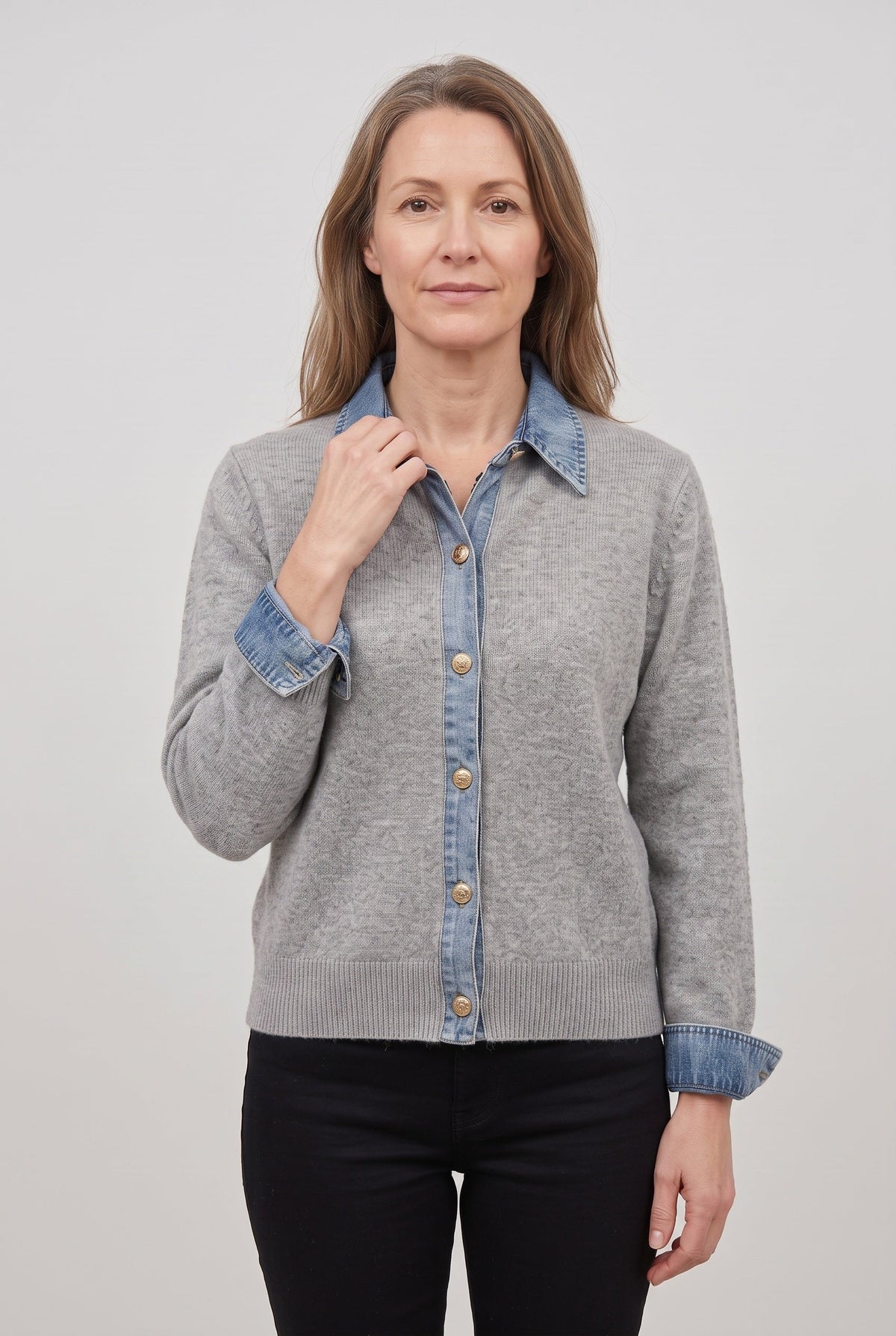 Women's Cardigan | Denim-Look Collar Button Front