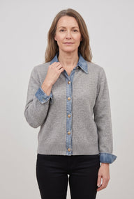 Women's Cardigan | Denim-Look Collar Button Front