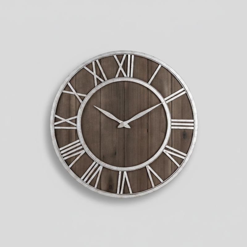 Wood and Metal Round Wall Clock | Large Wall Clock Decor