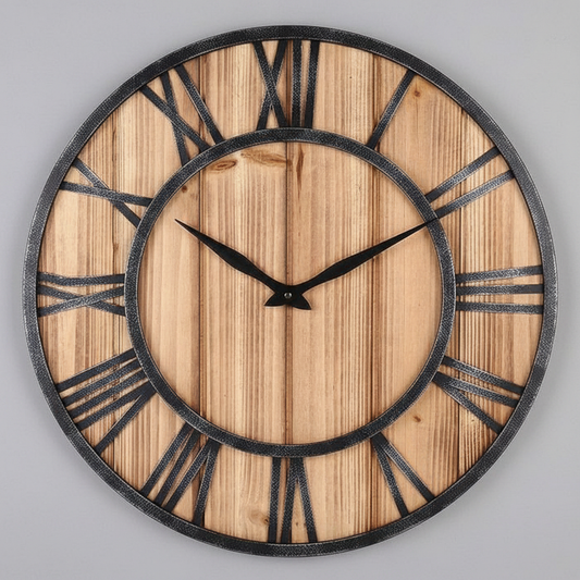 Wood and Metal Round Wall Clock | Large Wall Clock Decor