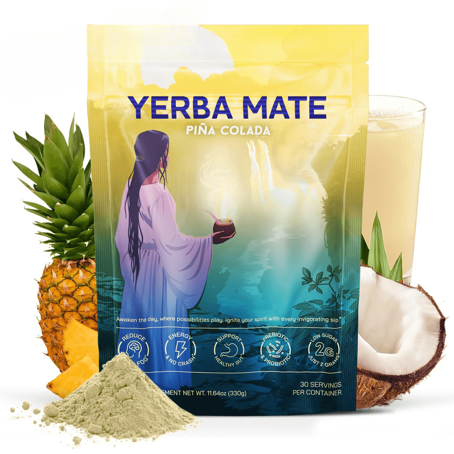 Tè istantaneo in polvere di yerba mate con fungo criniera di leone, L-Teanina e probiotici