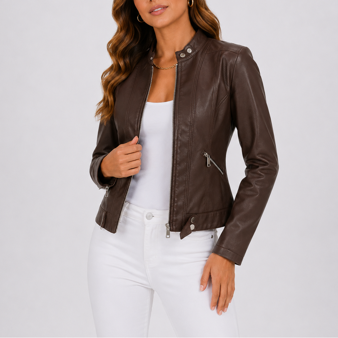 Zela | Women's Cropped Faux Leather Jacket - Band Collar Zip