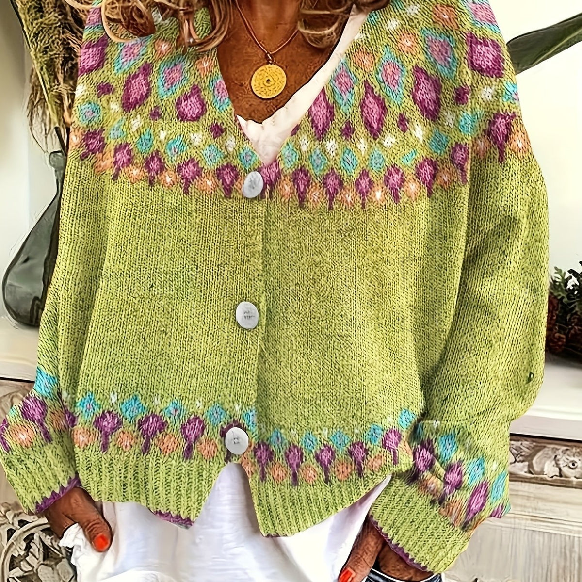 Esme | Women's Nordic Patterned Cardigan - Button Front V-Neck